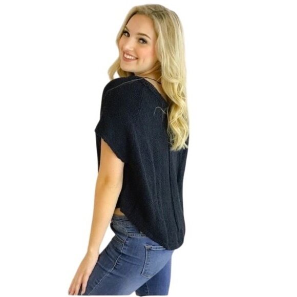 NWT Free People Charcoal Slouchy Slub Knit Short Sleeve Sweater Top - Picture 2 of 6